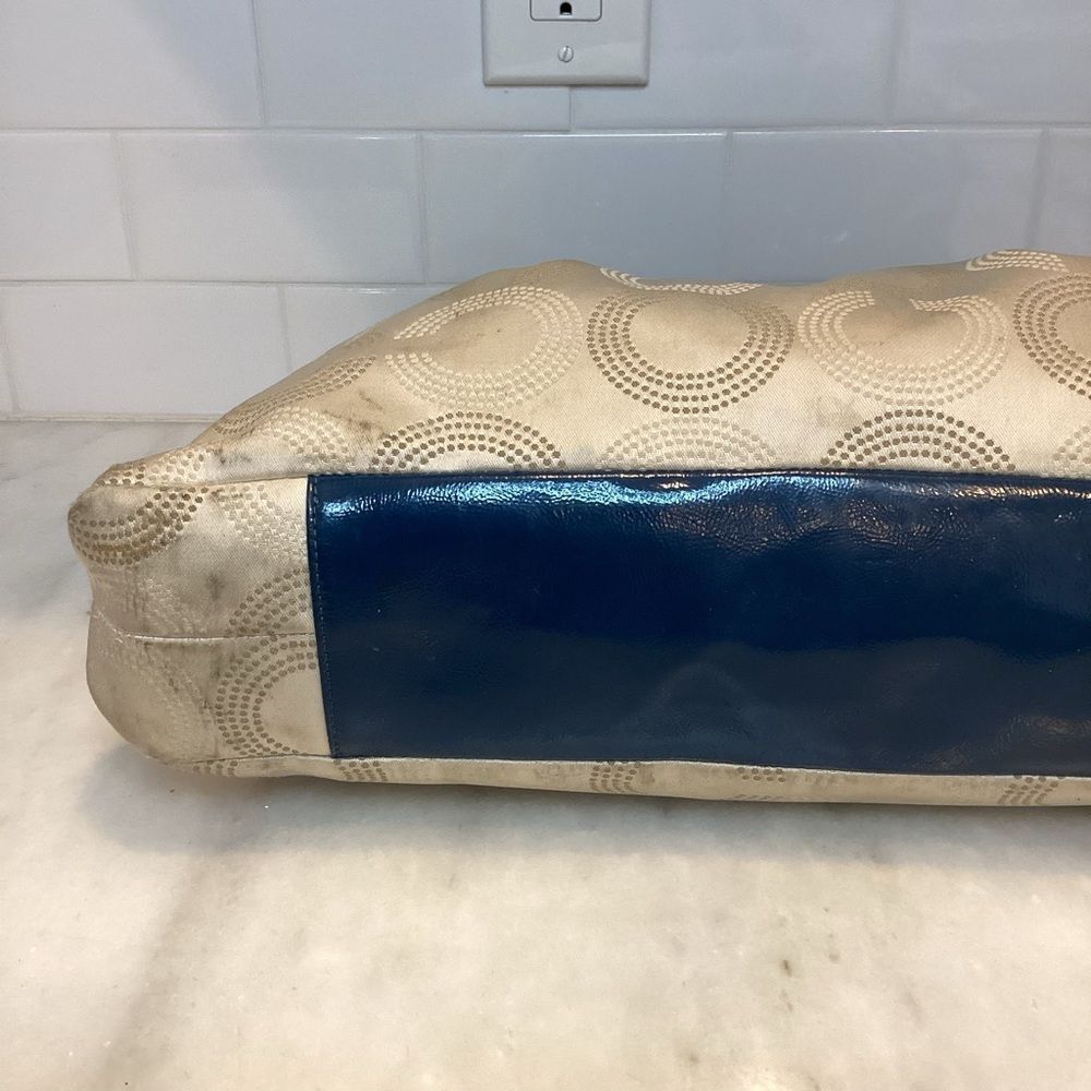 Coach Bag Purse Handbag Ashley Dotted OpArt Tan Blue Canvas Leather Carry All - Picture 8 of 14